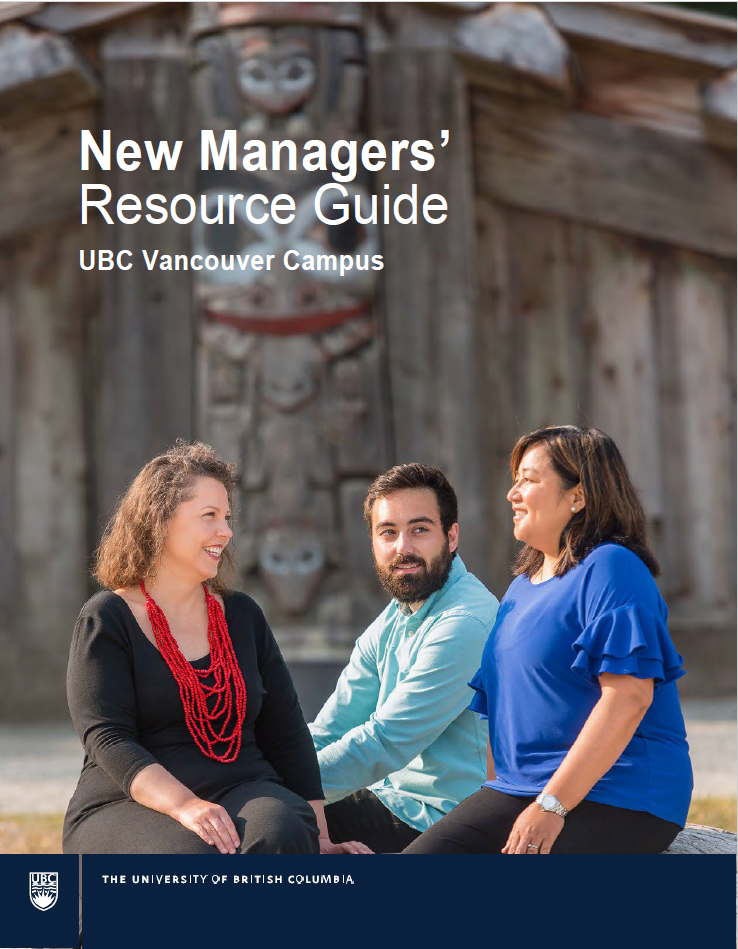 Cover page of New Managers' Resource Guide | three UBC employees sitting outside and smiling