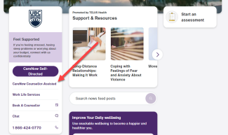 Screengrab, TELUS Health home page with arrow pointing to CareNow option