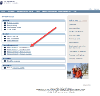 Sun Life member portal: Health Spending Account screenSun Life member portal: Health Spending Account screen with arrow pointing to balance