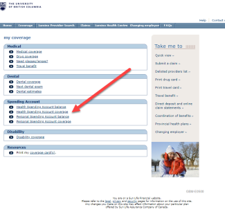 Sun Life member portal: Health Spending Account screen with arrow pointing to Coverage